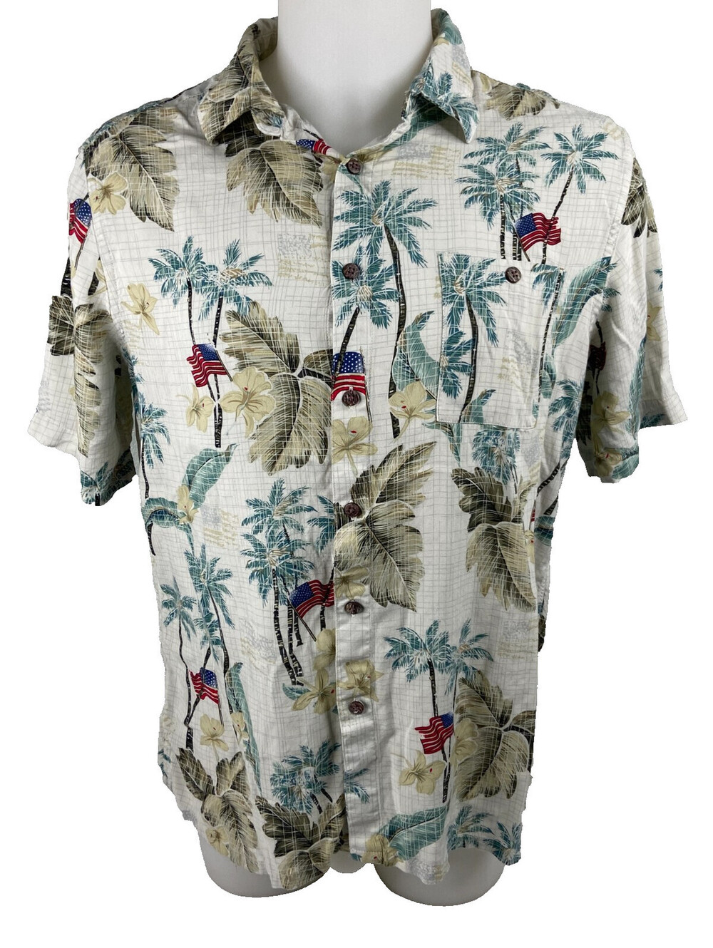 Campia Men Large Tropical Shirt US Flag Palm Tree Rayon Casual Beach Patriot
